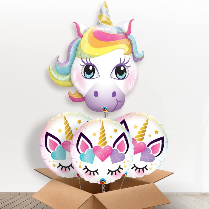Large Unicorn Head Helium Balloon in a Box - With 3 Themed Balloons | Party Save Smile