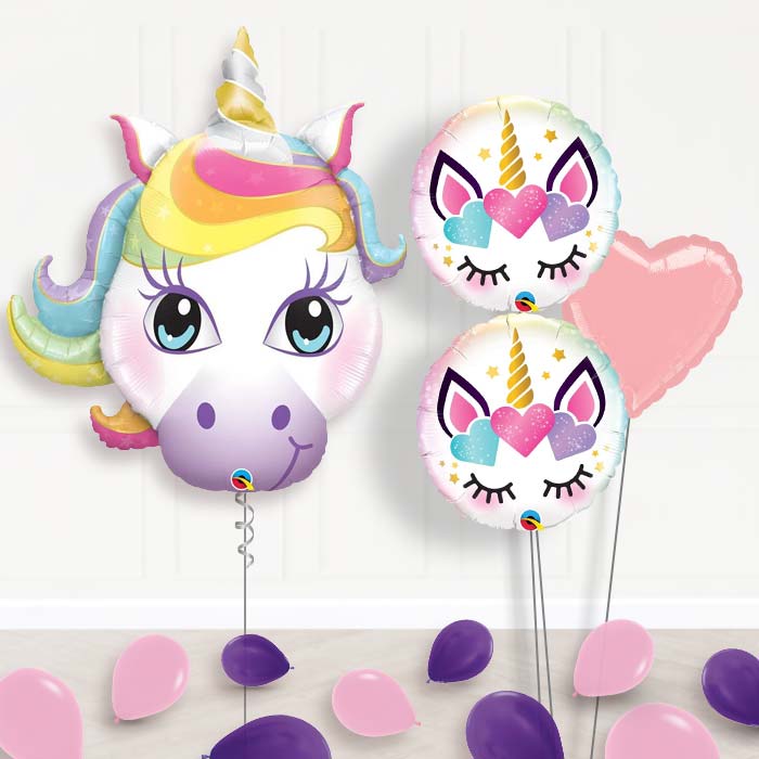 Magical Unicorn Balloon Bouquet in a Box-Giant Balloon + 2 Themed Balloons + 1 Plain Balloon + Mini Balloons 