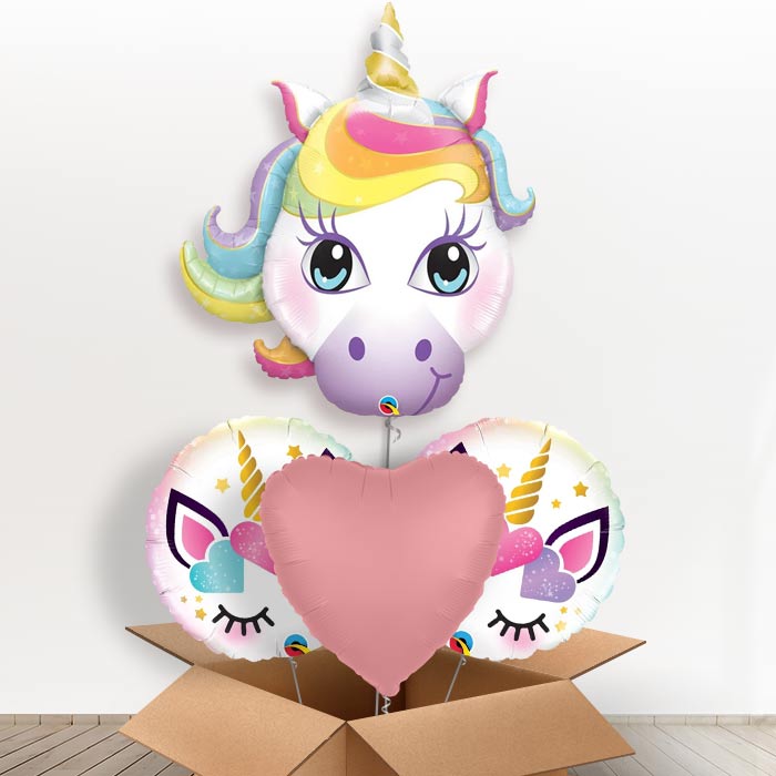 Large Unicorn Head Helium Balloon in a Box-1 x Giant Balloon and 2 Themed Balloons and 1 Plain Balloon 