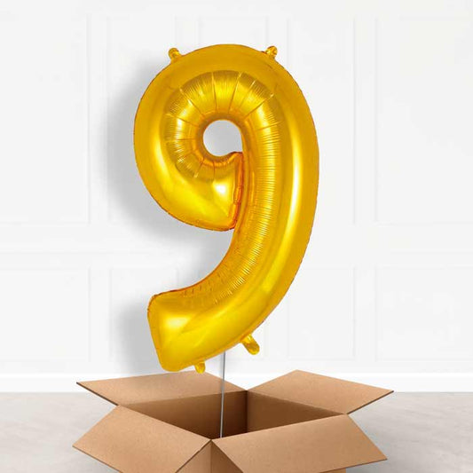 Gold Number 9 Helium Balloon in a Box - Giant Number | Party Save Smile