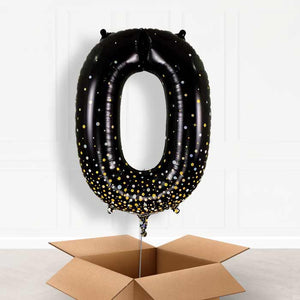 Black and Gold Number 0 Helium Balloon in a Box