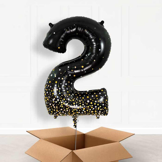 Black and Gold Number 2 Helium Balloon in a Box - Giant Number | Party Save Smile