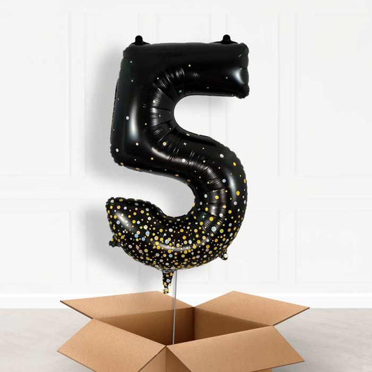Black and Gold Number 5 Helium Balloon in a Box - Giant Number | Party Save Smile