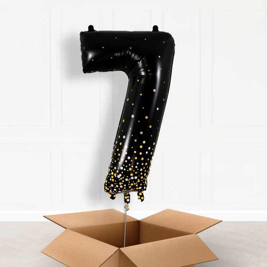 Black and Gold Number 7 Helium Balloon in a Box - Giant Number | Party Save Smile
