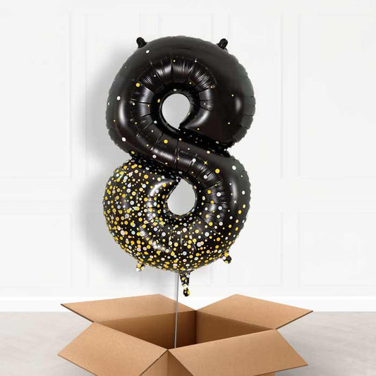 Black and Gold Number 8 Helium Balloon in a Box - Giant Number | Party Save Smile