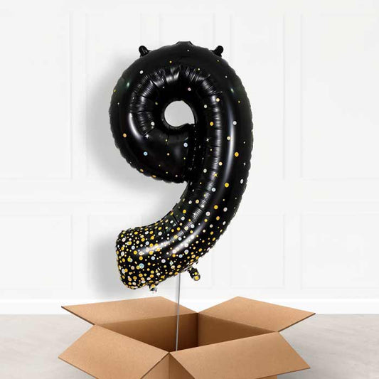 Black and Gold Number 9 Helium Balloon in a Box - Giant Number | Party Save Smile