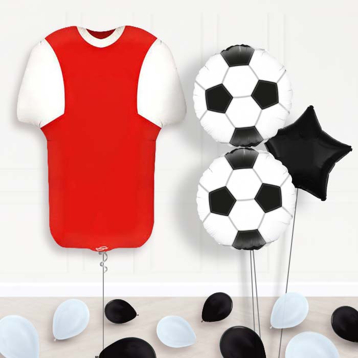 Red and White Football Shirt Balloon Bouquet-Giant Balloon + 2 Themed Balloons + 1 Plain Balloon + Mini Balloons 