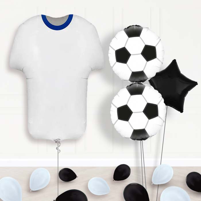 Blue and White Football Shirt Balloon Bouquet-Giant Balloon + 2 Themed Balloons + 1 Plain Balloon + Mini Balloons 