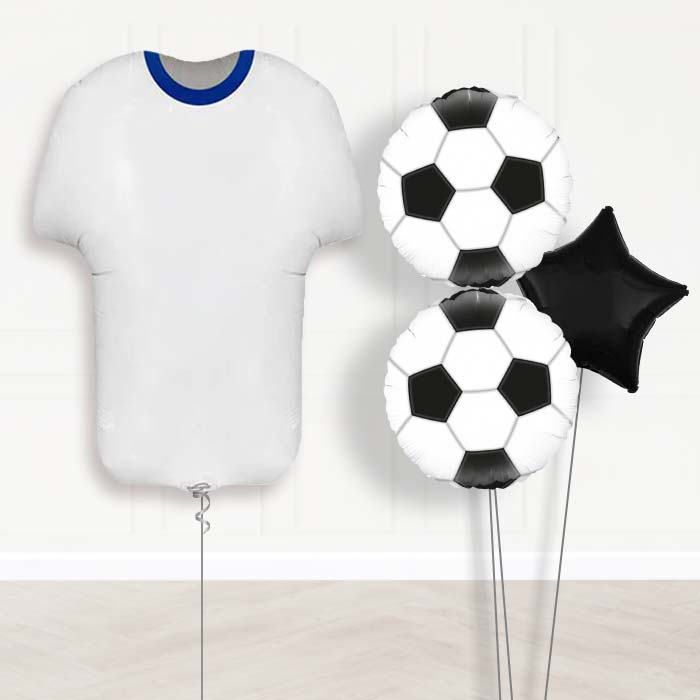 Blue and White Football Shirt Balloon Bouquet-Giant Balloon + 2 Themed Balloons + 1 Plain Balloon 