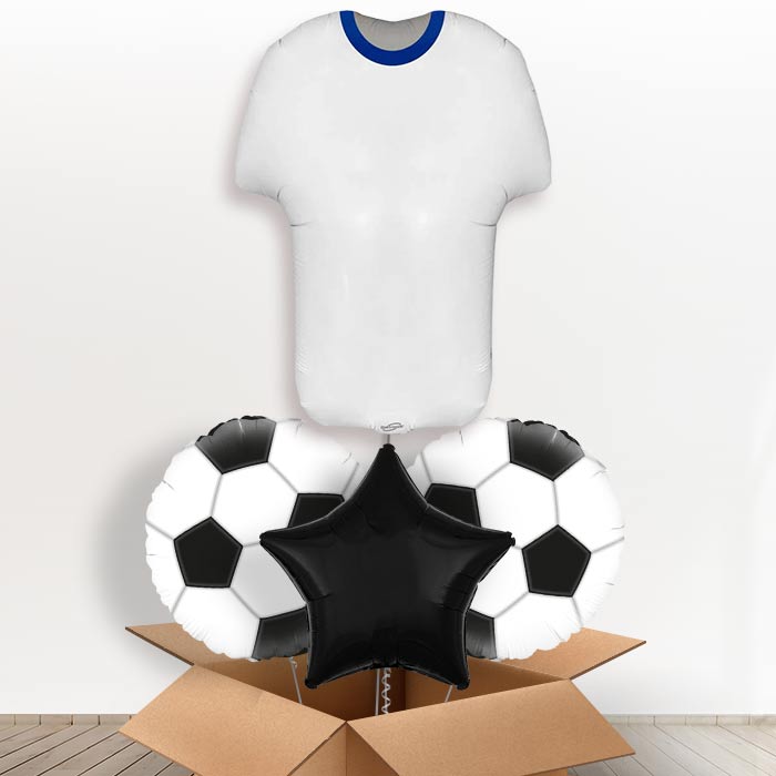 Blue and White Football Shirt Helium Balloon in a Box-1 x Giant Balloon and 2 Themed Balloons and 1 Plain Balloon 