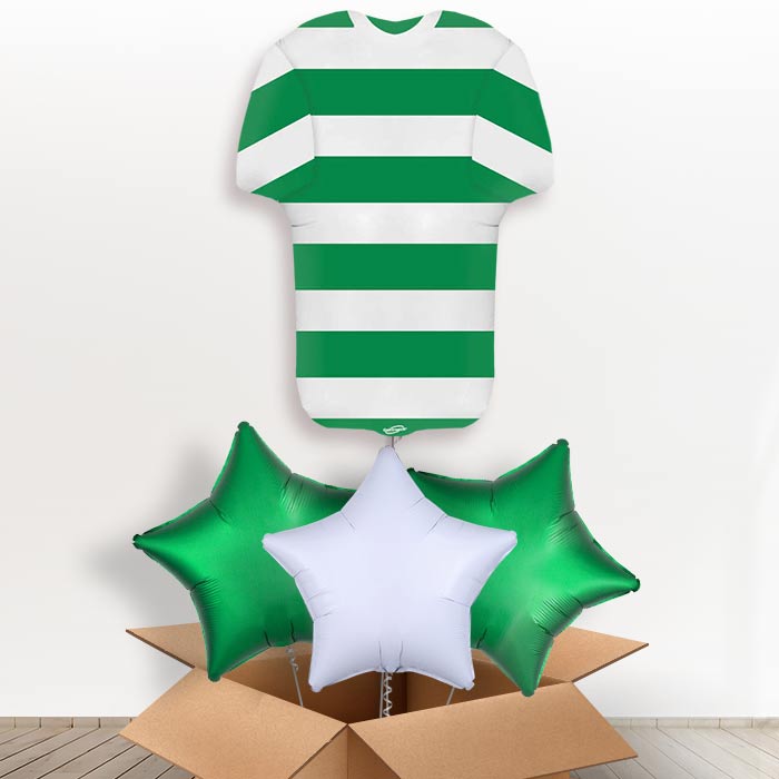 Green and White Hoop Football Shirt Helium Balloon in a Box - With 3 Plain Balloons | Party Save Smile