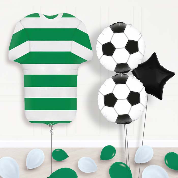 Green and White Hoop Football Shirt Balloon Bouquet-Giant Balloon + 2 Themed Balloons + 1 Plain Balloon + Mini Balloons 