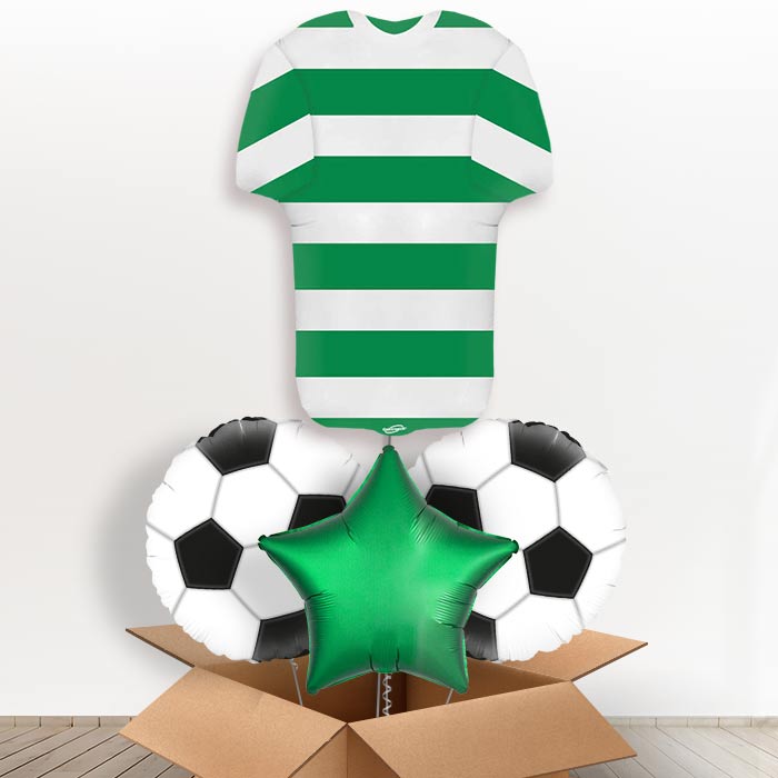 Green and White Hoop Football Shirt Helium Balloon in a Box-1 x Giant Balloon and 2 Themed Balloons and 1 Plain Balloon 