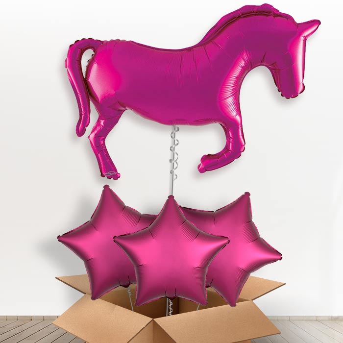 Pink Horse Shaped Helium Balloon in a Box - with 3 Plain Balloons | Party Save Smile