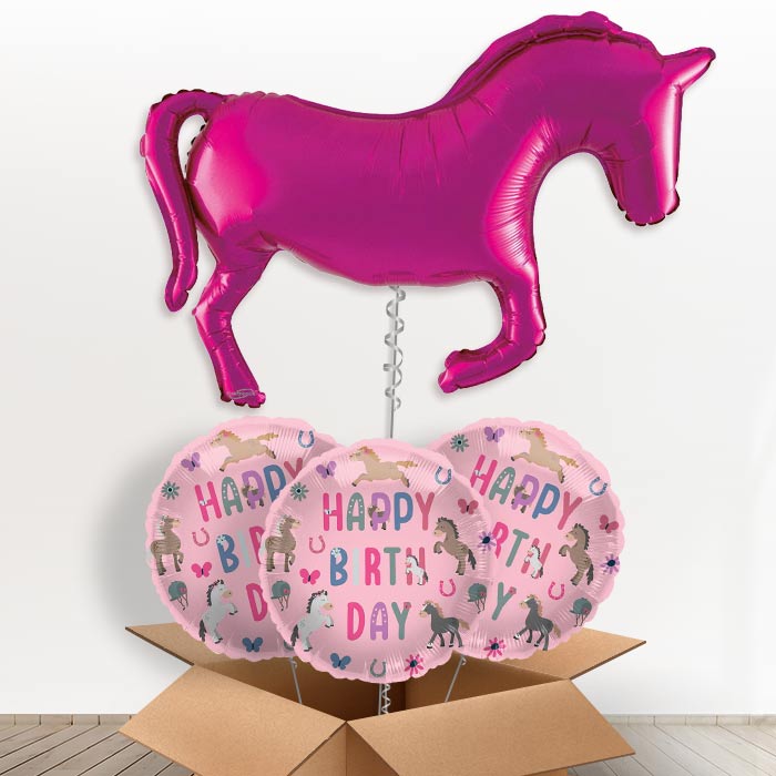 Pink Horse Shaped Helium Balloon in a Box - 1 x Giant Balloon with 3 Themed Balloons |Party Save Smile
