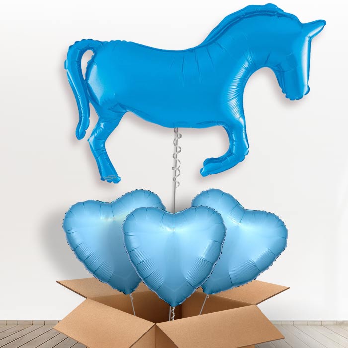 Blue Horse Shaped Helium Balloon in a Box - with 3 Plain Balloons | Party Save Smile