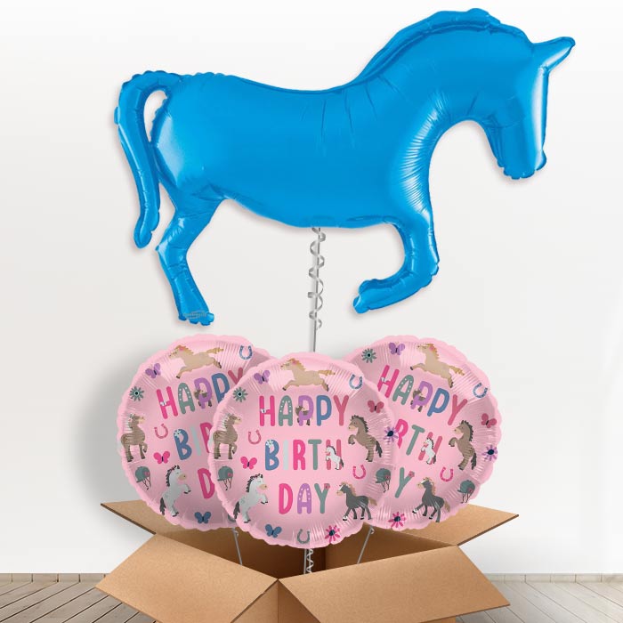 Blue Horse Shaped Helium Balloon in a Box - 1 x Giant Balloon with 3 Themed Balloons |Party Save Smile