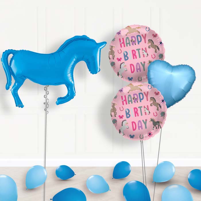 Blue Horse Shaped Balloon Bouquet Delivery - 1 x Giant Balloon with Mixed Bouquet and Latex | Party Save Smile