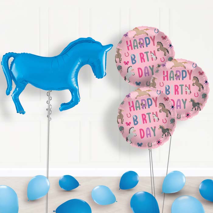 Blue Horse Shaped Balloon Bouquet Delivery - 1 x Giant Balloon with Themed Bouquet and Latex | Party Save Smile