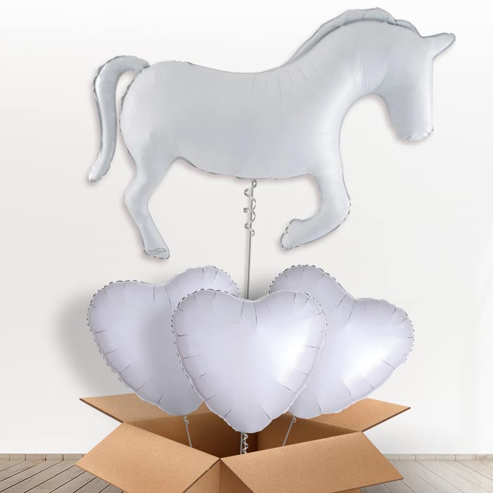 White Horse Shaped Helium Balloon In a Box - With 3 Plain Balloons | Party Save Smile