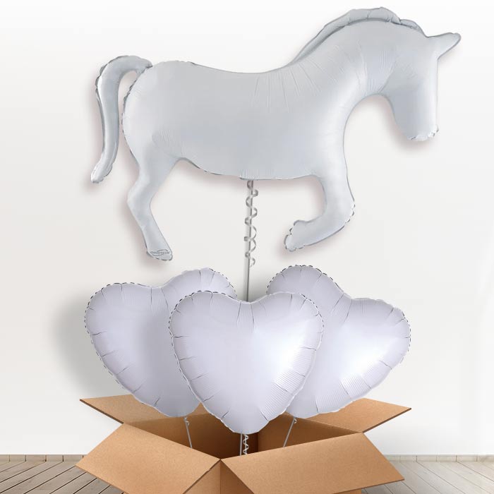 White Horse Shaped Helium Balloon in a Box - with 3 Plain Balloons | Party Save Smile