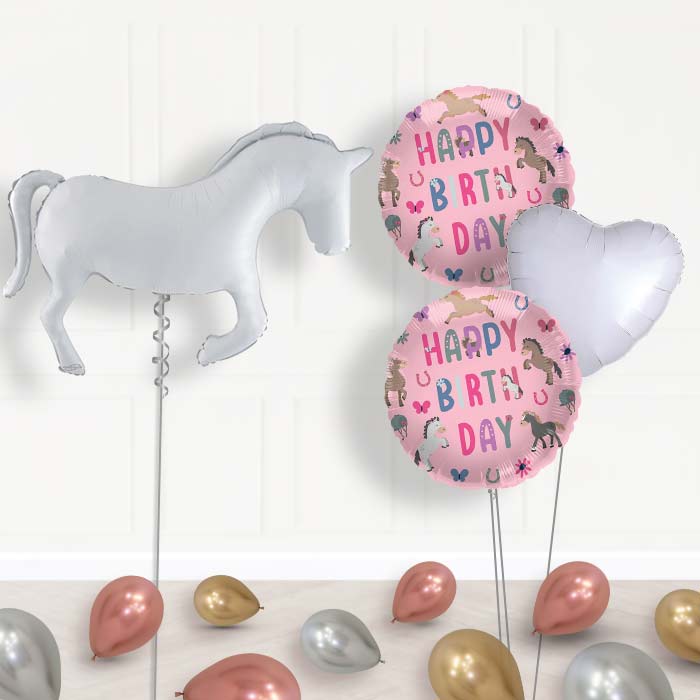 White Horse Shaped Balloon Bouquet Delivery - 1 x Giant Balloon with Mixed Bouquet | Party Save Smile