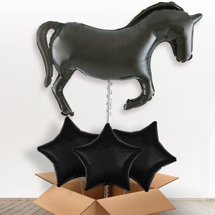 Black Horse Silhouette Helium Balloon in a Box - with 3 Plain Balloons | Party Save Smile