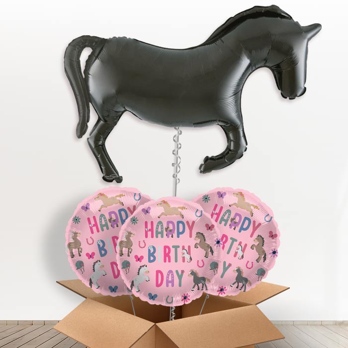 Black Horse Silhouette Helium Balloon in a Box - 1 x Giant Balloon with 3 Themed Balloons |Party Save Smile