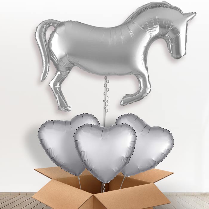 Silver Horse Shaped Helium Balloon in a Box - with 3 Plain Balloons | Party Save Smile