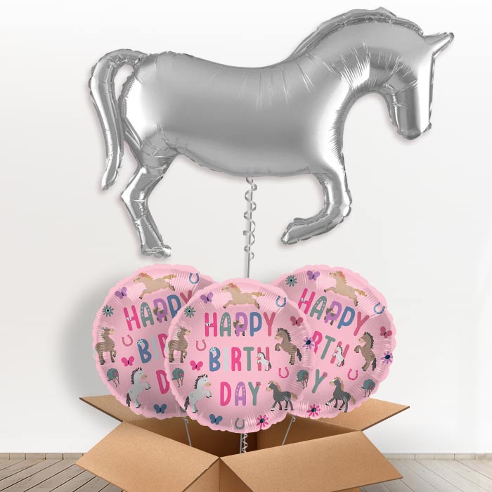 Silver Horse Shaped Helium Balloon in a Box - 1 x Giant Balloon with 3 Themed Balloons |Party Save Smile