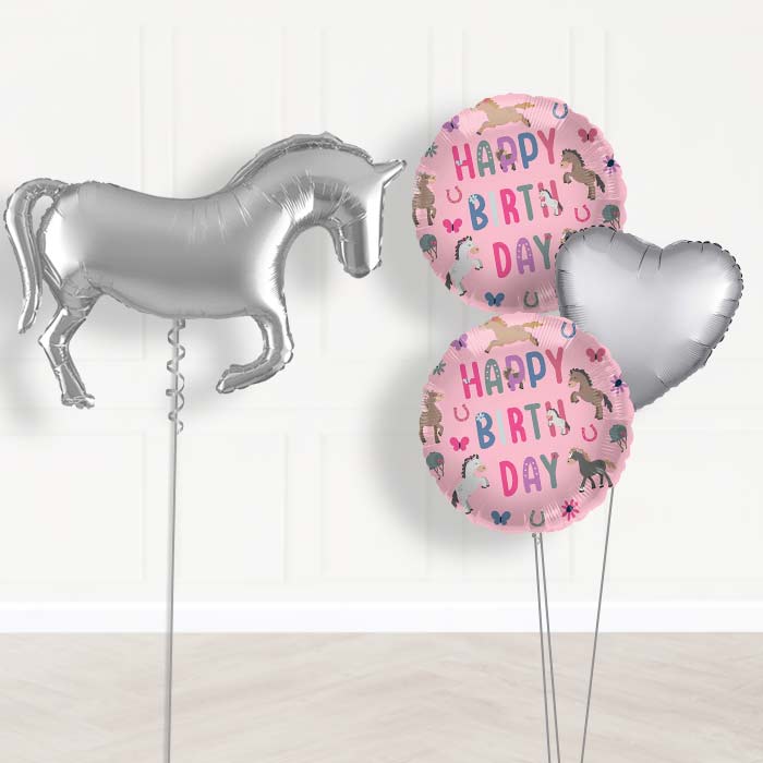 Silver Horse Shaped Balloon Bouquet Delivery - 1 x Giant Balloon with Mixed Bouquet | Party Save Smile