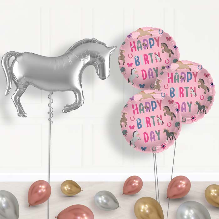 Silver Horse Shaped Balloon Bouquet Delivery - 1 x Giant Balloon with Themed Bouquet and Latex | Party Save Smile