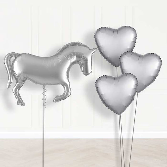 Silver Horse Shaped Balloon Bouquet Delivery - 1 x Giant Balloon with Plain Bouquet | Party Save Smile