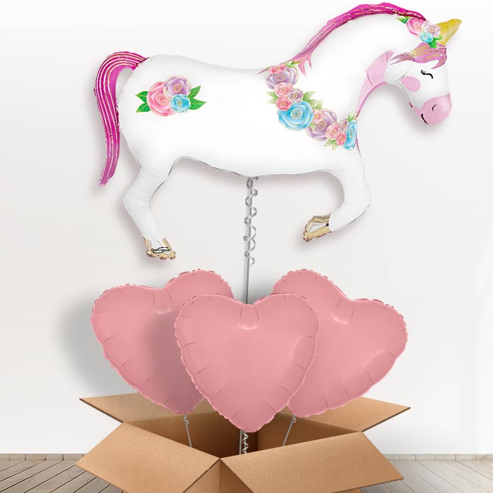 Unicorn Horse Flower Helium Balloon in a Box - with 3 Plain Balloons | Party Save Smile
