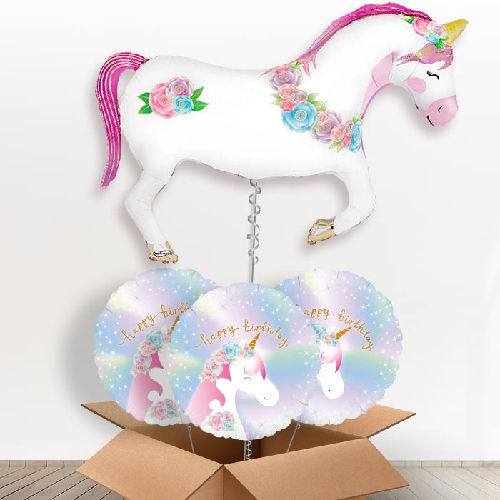 Unicorn Horse Flower Helium Balloon in a Box - with 3 Themed Balloons | Party Save Smile