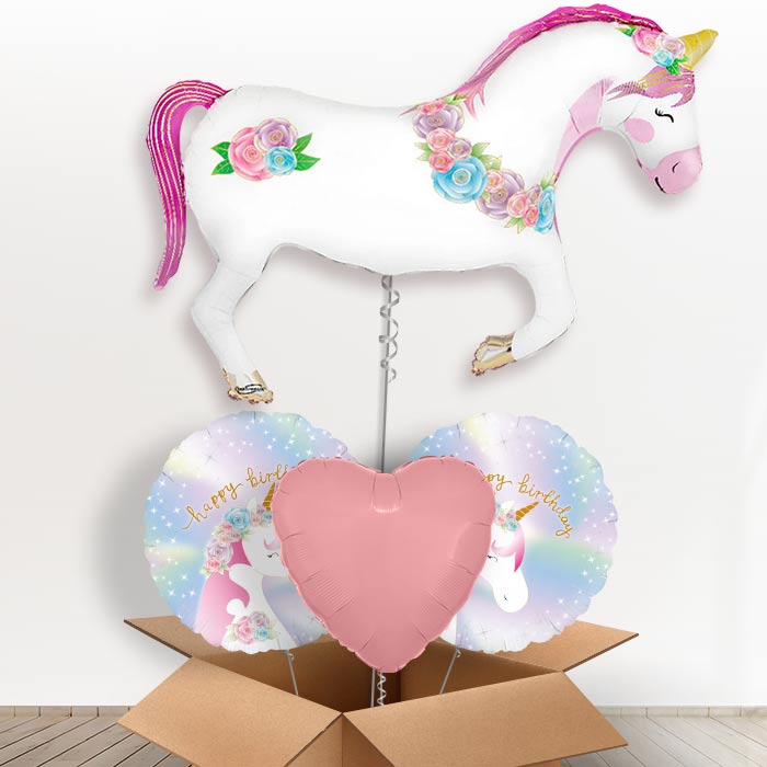 Unicorn Horse Flower Helium Balloon in a Box-1 x Giant Balloon and 2 Themed Balloons and 1 Plain Balloon 