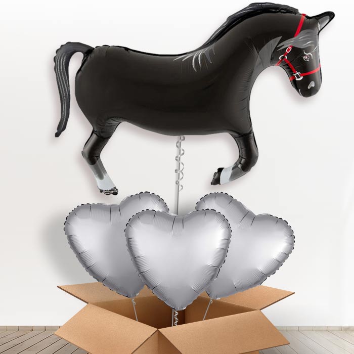 Black Horse Shaped Helium Balloon in a Box - with 3 Plain Balloons | Party Save Smile