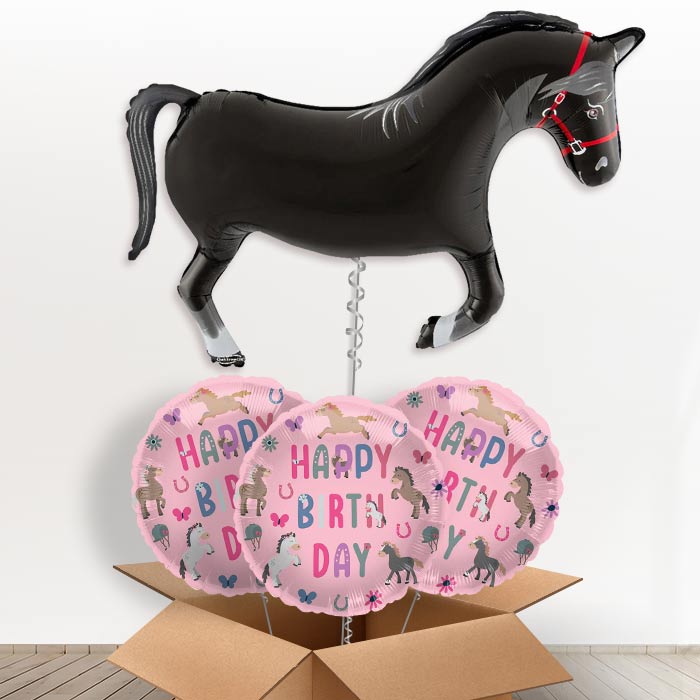 Black Horse Shaped Helium Balloon in a Box - 1 x Giant Balloon with 3 Themed Balloons |Party Save Smile