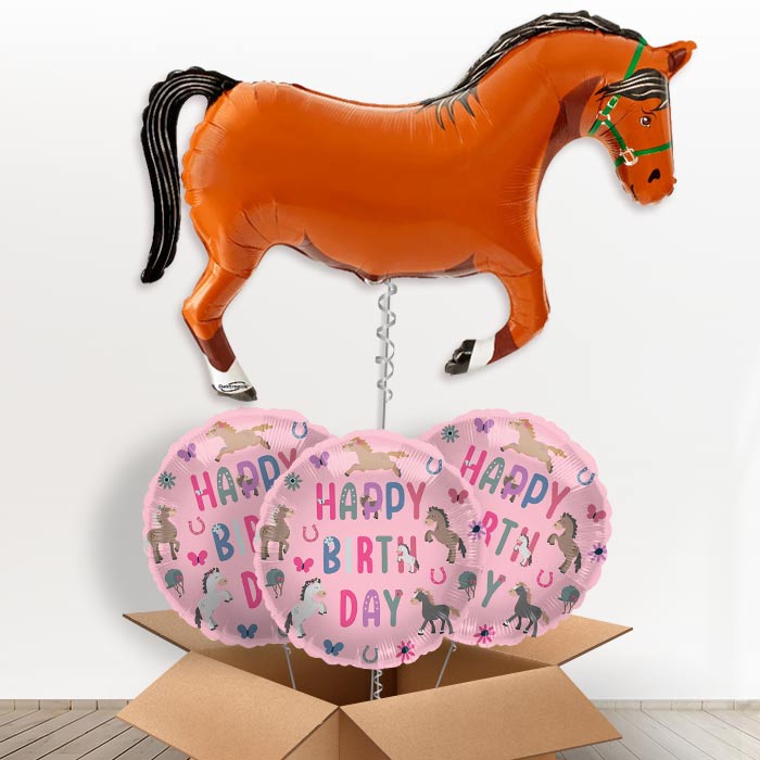 Brown Horse Shaped Helium Balloon in a Box - 1 x Giant Balloon with 3 Themed Balloons |Party Save Smile