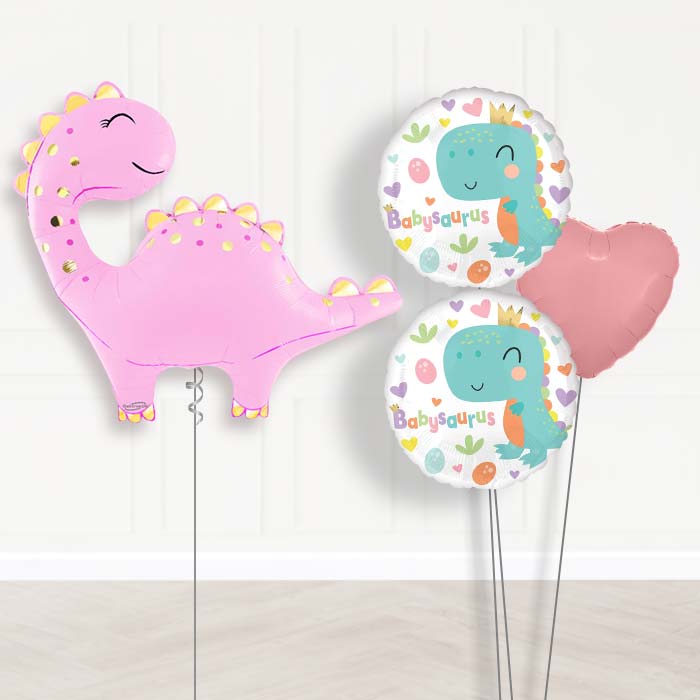 Pink Cute Dinosaur Balloon Bouquet Delivery-Giant Balloon + 2 Themed Balloons + 1 Plain Balloon 