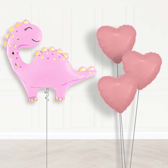 Pink Cute Dinosaur Balloon Bouquet Delivery - 1 x Giant Balloon with Plain Bouquet | Party Save Smile