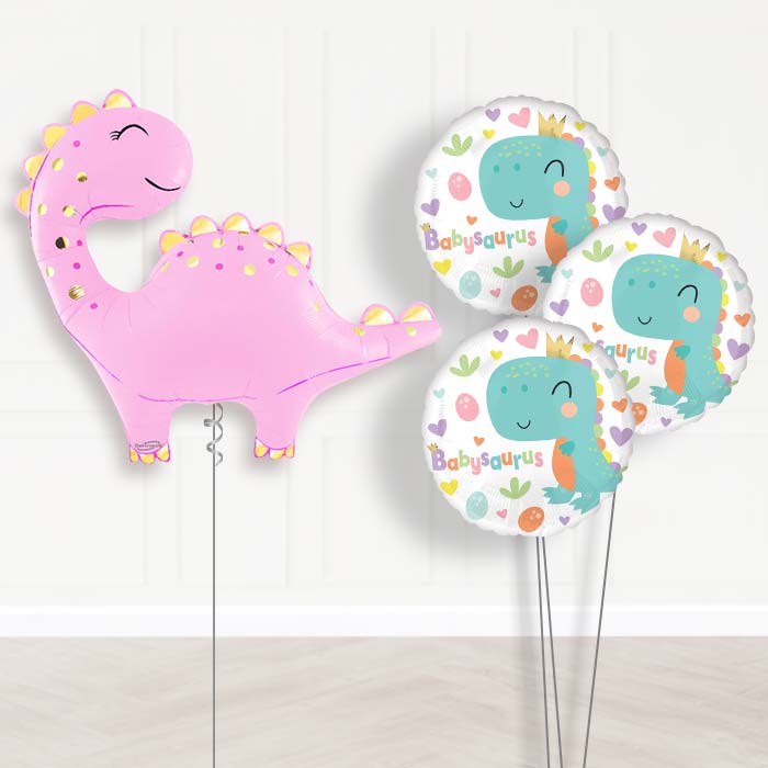 Pink Cute Dinosaur Balloon Bouquet Delivery - 1 x Giant Balloon with Themed Bouquet | Party Save Smile