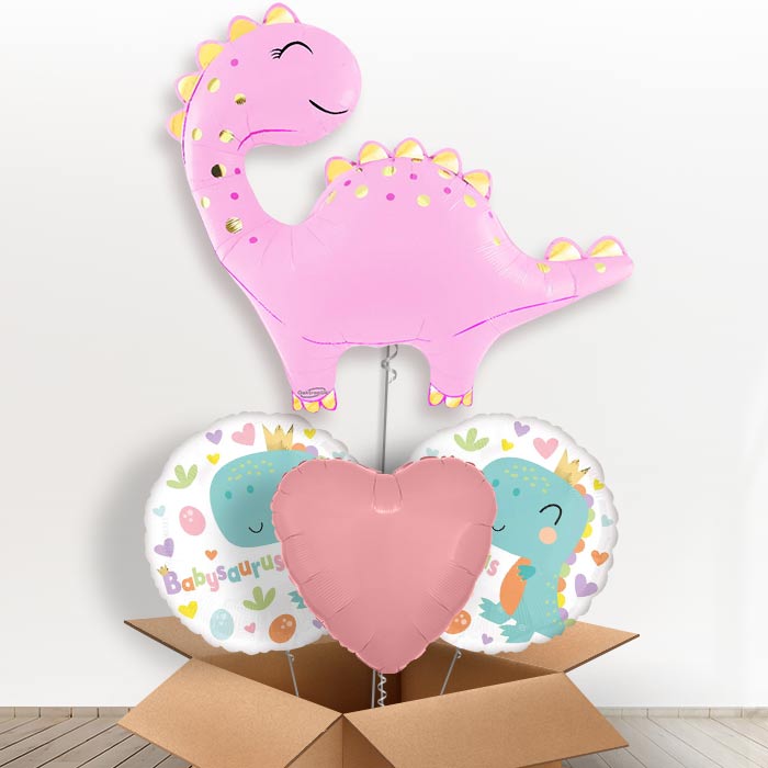 Pink Cute Dinosaur Helium Balloon in a Box-1 x Giant Balloon and 2 Themed Balloons and 1 Plain Balloon 