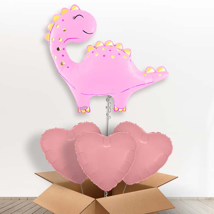 Pink Cute Dinosaur Helium Balloon in a Box - with 3 Plain Balloons | Party Save Smile