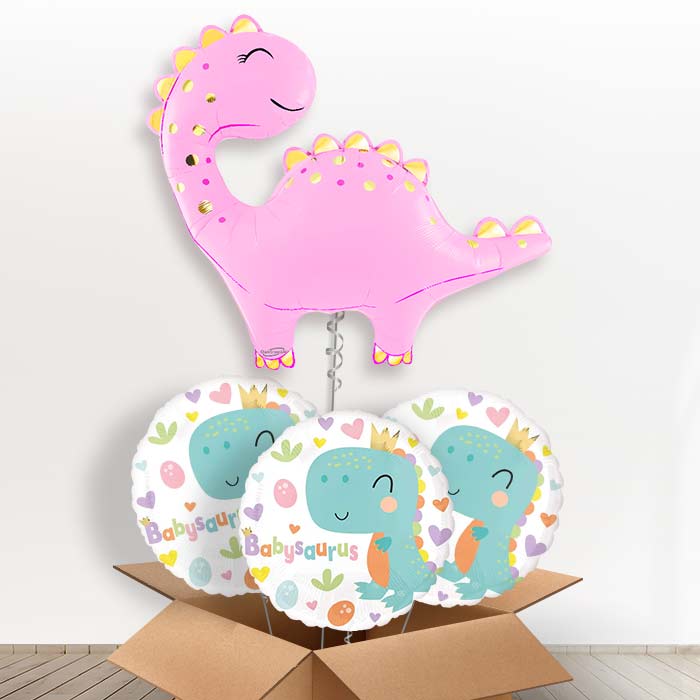 Pink Cute Dinosaur Helium Balloon in a Box - with 3 Themed Balloons | Party Save Smile