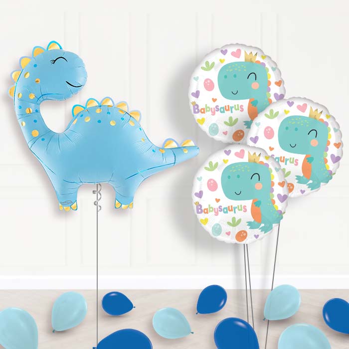 Cute Blue Dinosaur Balloon Bouquet Delivery - 1 x Giant Balloon with Themed Bouquet and Latex | Party Save Smile