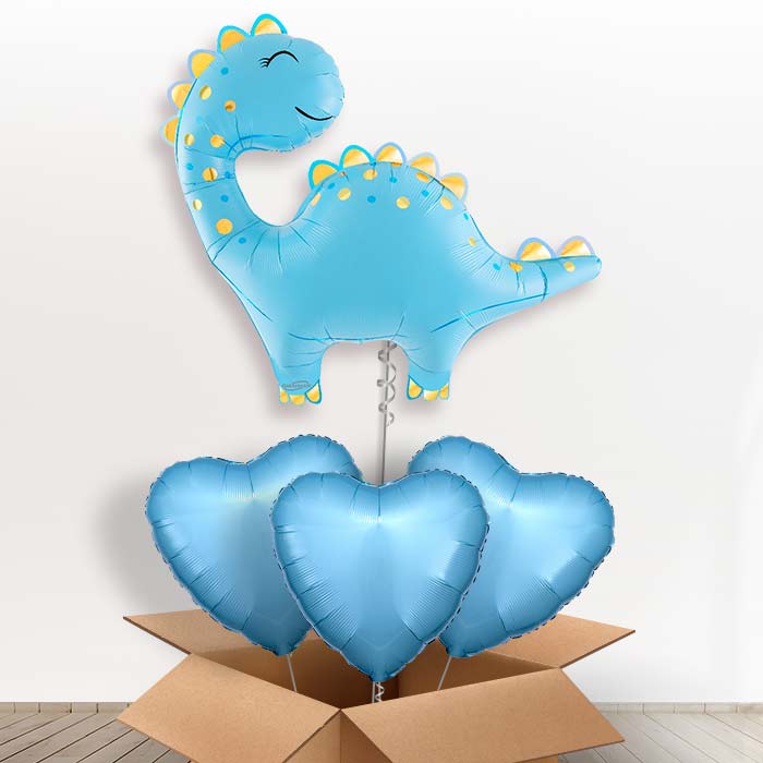 Cute Blue Dinosaur Helium Balloon in a Box - with 3 Plain Balloons | Party Save Smile