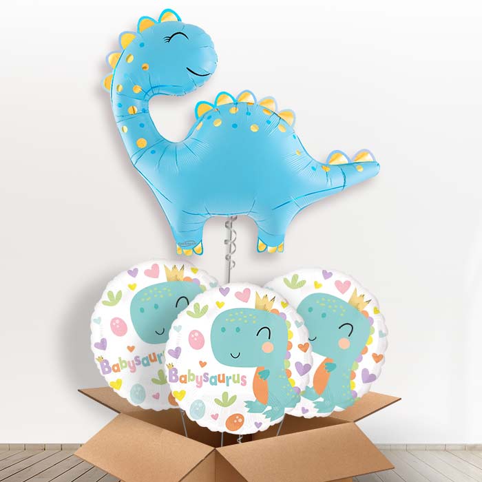 Cute Blue Dinosaur Helium Balloon in a Box - with 3 Themed Balloons | Party Save Smile