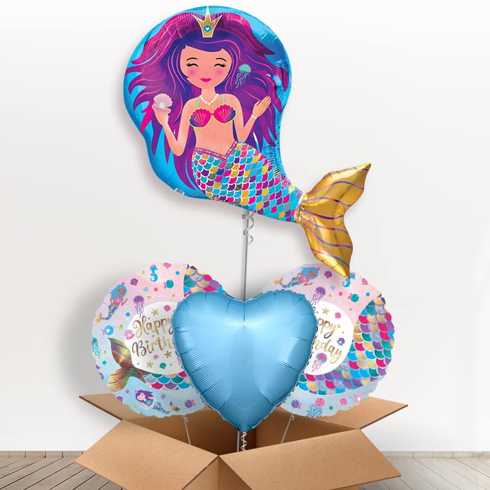 Iridescent Mermaid Shaped Helium Balloon in a Box-1 x Giant Balloon and 2 Themed Balloons and 1 Plain Balloon 