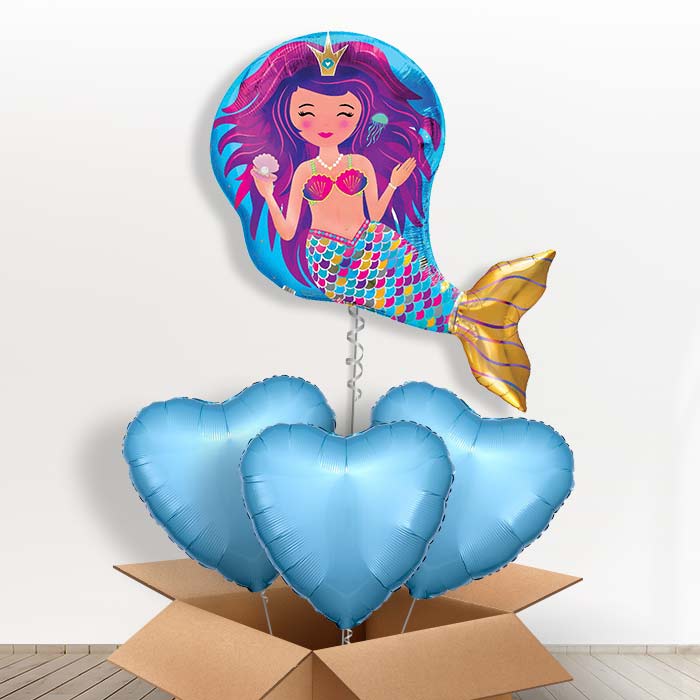 Iridescent Mermaid Shaped Helium Balloon in a Box - with 3 Plain Balloons | Party Save Smile